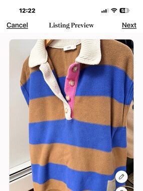 Closed Striped V-Neck Rugby Sweater in Blue, Brown, Pink & Cream